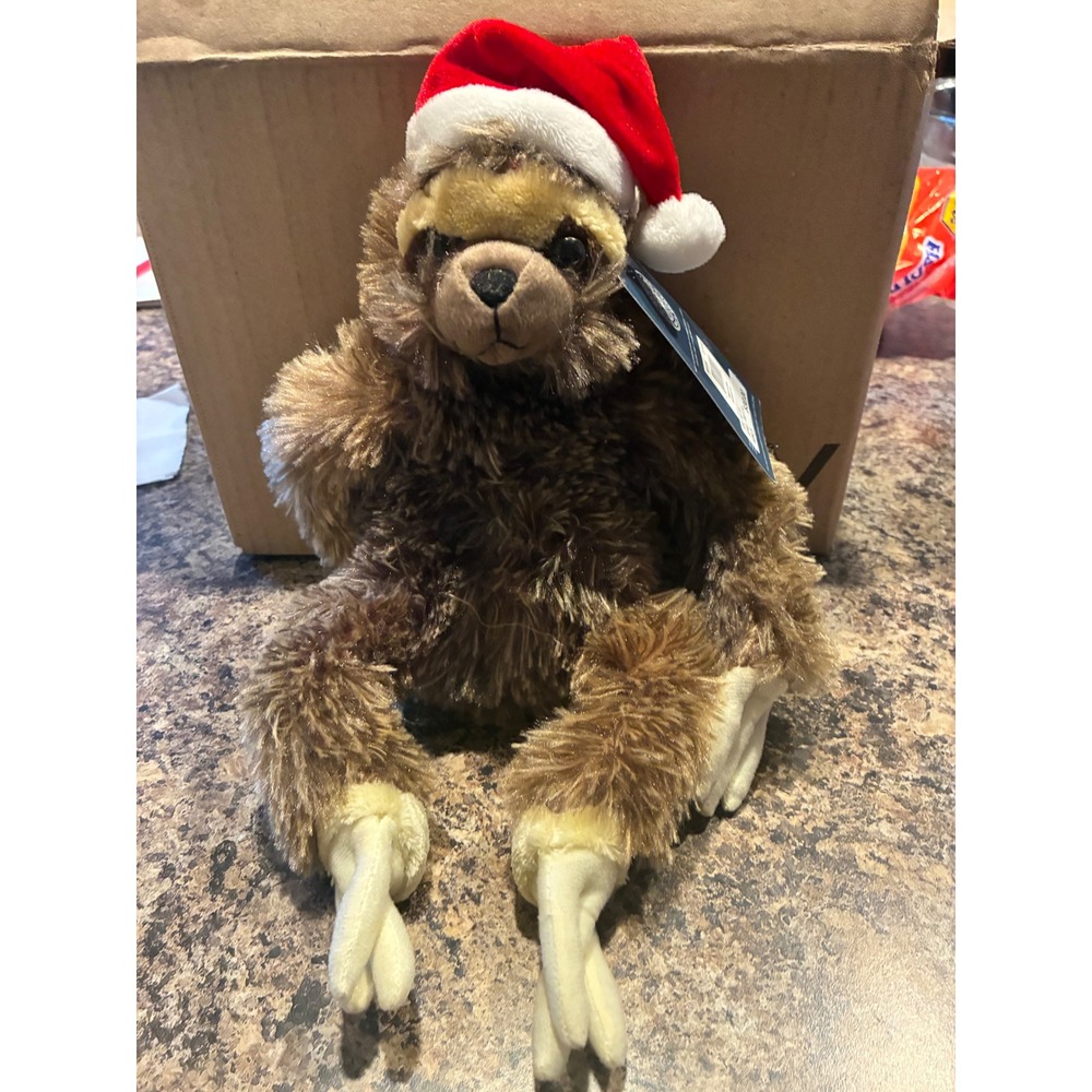 Hammer + Axe Plush Toy Sloth with Santa Hat Brown Shaggy Stuffed Animal 8001139